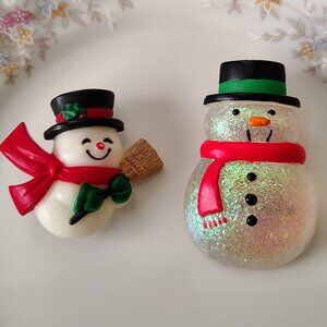 Lot of 2 Hallmark Christmas Brooch Pin Iridescent & Broom Snowman Set